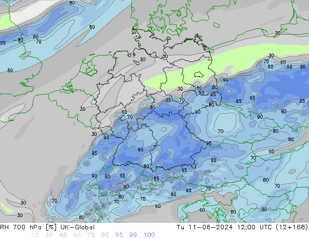 RH 700 гПа UK-Global вт 11.06.2024 12 UTC