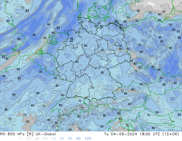RH 850 hPa UK-Global 星期二 04.06.2024 18 UTC