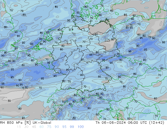 RH 850 hPa UK-Global Th 06.06.2024 06 UTC
