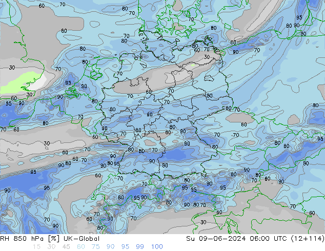 RH 850 hPa UK-Global Su 09.06.2024 06 UTC