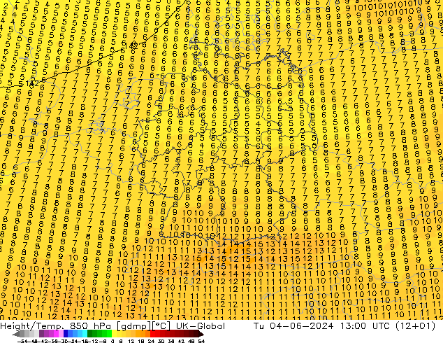 Height/Temp. 850 hPa UK-Global  04.06.2024 13 UTC