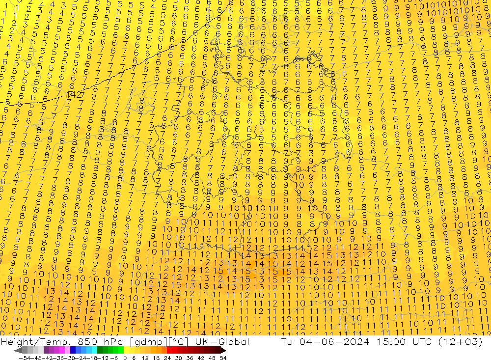 Hoogte/Temp. 850 hPa UK-Global di 04.06.2024 15 UTC