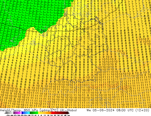 Height/Temp. 850 hPa UK-Global We 05.06.2024 08 UTC