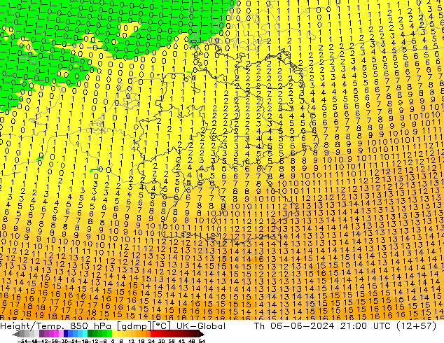 Height/Temp. 850 hPa UK-Global czw. 06.06.2024 21 UTC