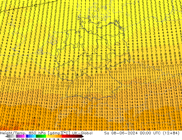 Height/Temp. 850 hPa UK-Global Sa 08.06.2024 00 UTC