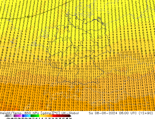 Height/Temp. 850 гПа UK-Global сб 08.06.2024 06 UTC