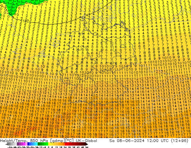 Height/Temp. 850 hPa UK-Global sab 08.06.2024 12 UTC