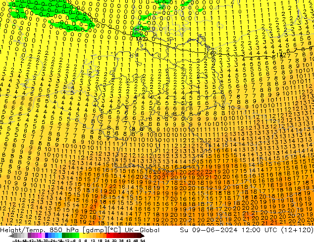 Height/Temp. 850 hPa UK-Global  09.06.2024 12 UTC