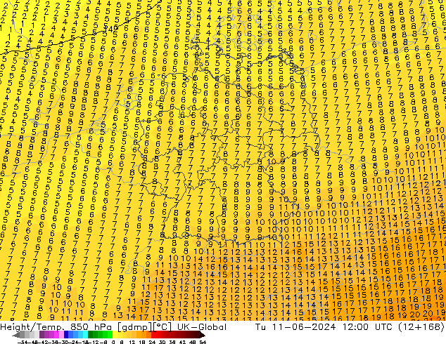 Geop./Temp. 850 hPa UK-Global mar 11.06.2024 12 UTC