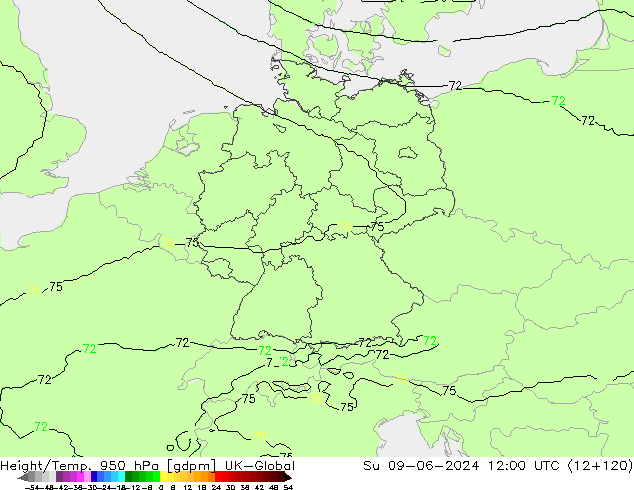 Height/Temp. 950 hPa UK-Global Dom 09.06.2024 12 UTC