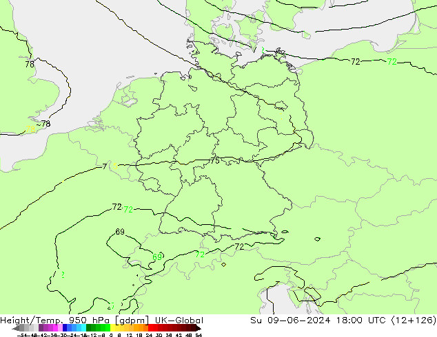 Height/Temp. 950 hPa UK-Global So 09.06.2024 18 UTC