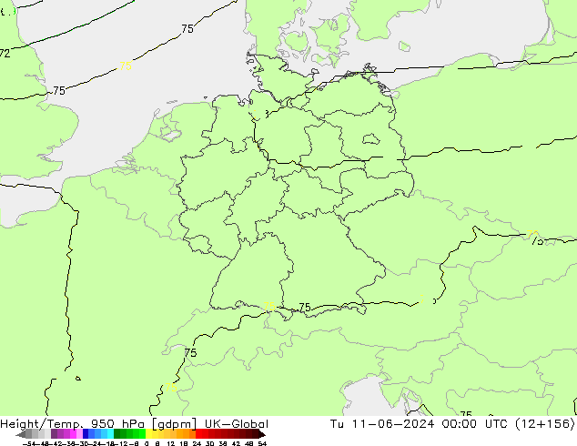 Height/Temp. 950 гПа UK-Global вт 11.06.2024 00 UTC