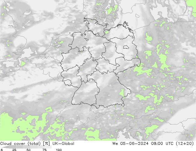 Cloud cover (total) UK-Global We 05.06.2024 08 UTC