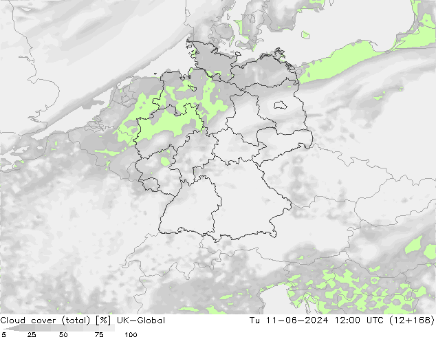 Cloud cover (total) UK-Global Tu 11.06.2024 12 UTC