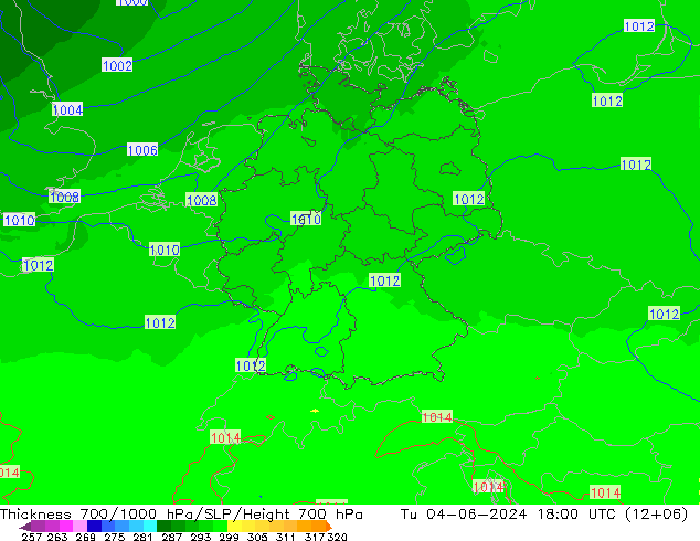 Schichtdicke 700-1000 hPa UK-Global Di 04.06.2024 18 UTC