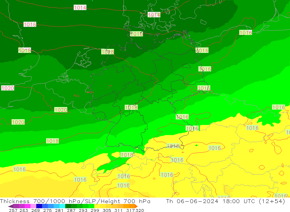 Thck 700-1000 hPa UK-Global  06.06.2024 18 UTC