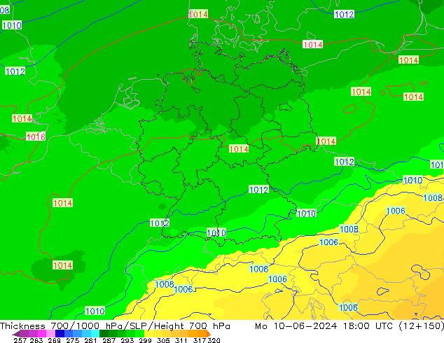 Espesor 700-1000 hPa UK-Global lun 10.06.2024 18 UTC