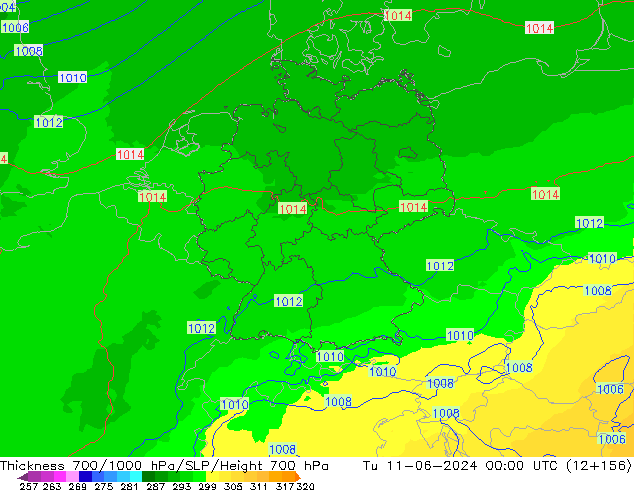 Thck 700-1000 гПа UK-Global вт 11.06.2024 00 UTC