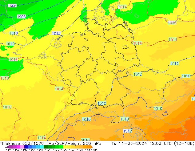 Thck 850-1000 hPa UK-Global mar 11.06.2024 12 UTC