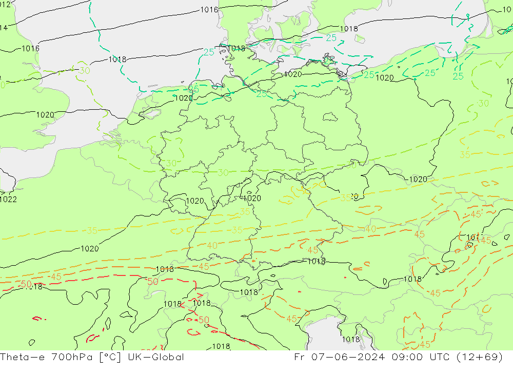 Theta-e 700hPa UK-Global Fr 07.06.2024 09 UTC