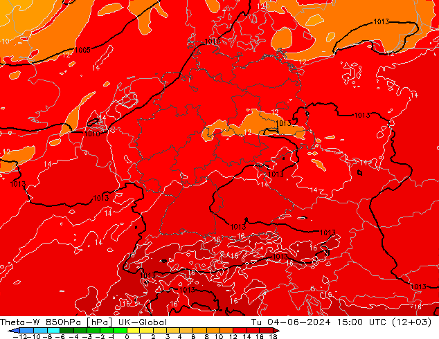 Theta-W 850hPa UK-Global Tu 04.06.2024 15 UTC