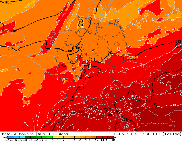 Theta-W 850гПа UK-Global вт 11.06.2024 12 UTC