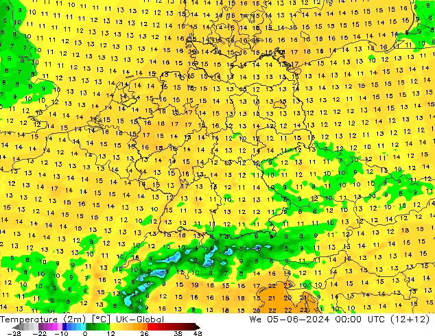 Temperaturkarte (2m) UK-Global Mi 05.06.2024 00 UTC