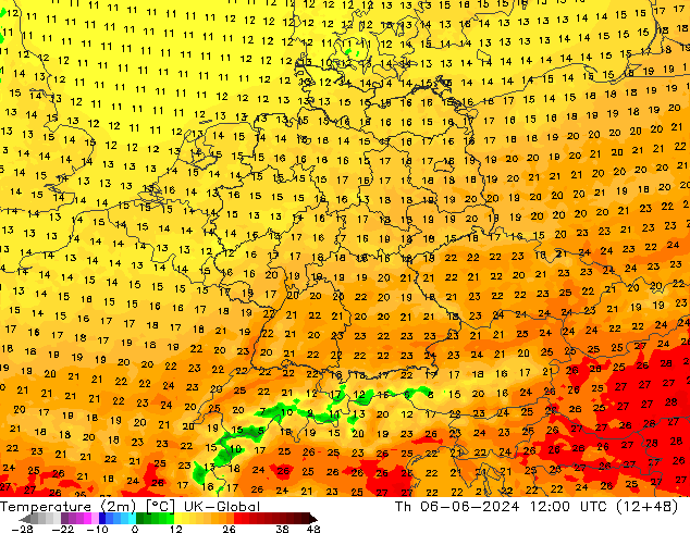 Temperature (2m) UK-Global Th 06.06.2024 12 UTC