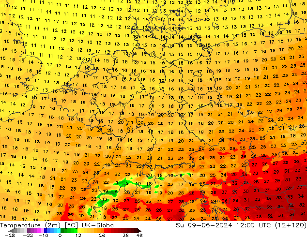 Temperatuurkaart (2m) UK-Global zo 09.06.2024 12 UTC