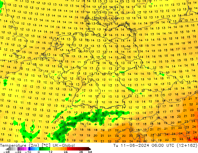 Temperaturkarte (2m) UK-Global Di 11.06.2024 06 UTC