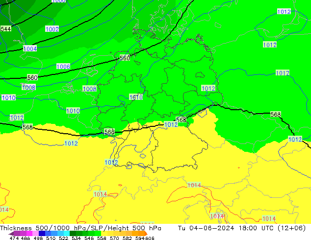 Thck 500-1000гПа UK-Global вт 04.06.2024 18 UTC