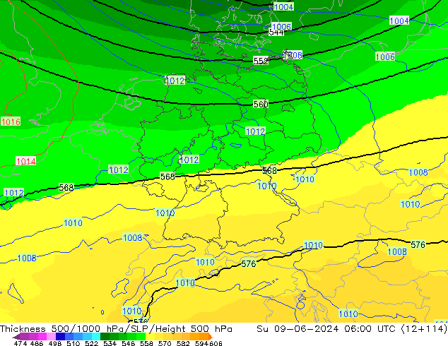 Espesor 500-1000 hPa UK-Global dom 09.06.2024 06 UTC