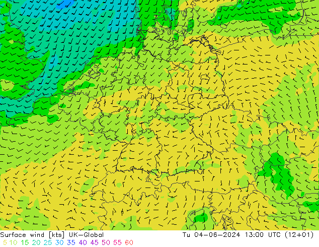 Surface wind UK-Global Út 04.06.2024 13 UTC