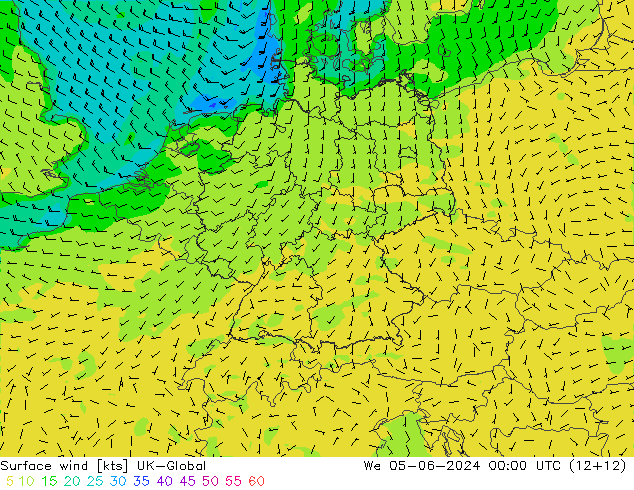 Surface wind UK-Global We 05.06.2024 00 UTC