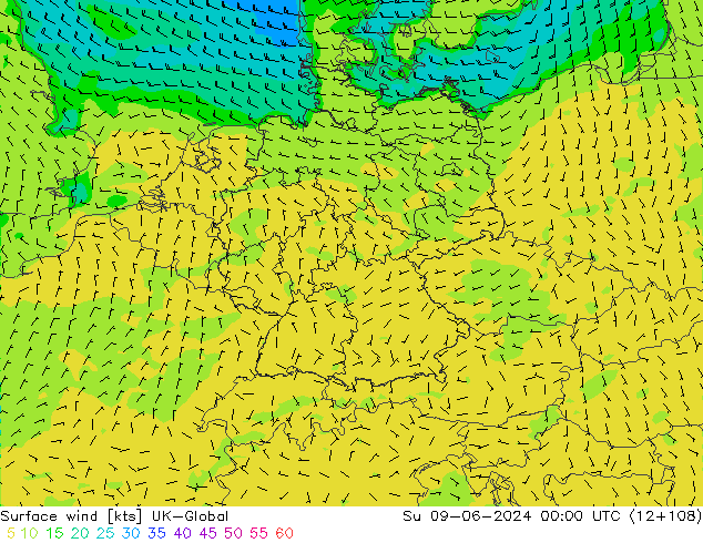wiatr 10 m UK-Global nie. 09.06.2024 00 UTC