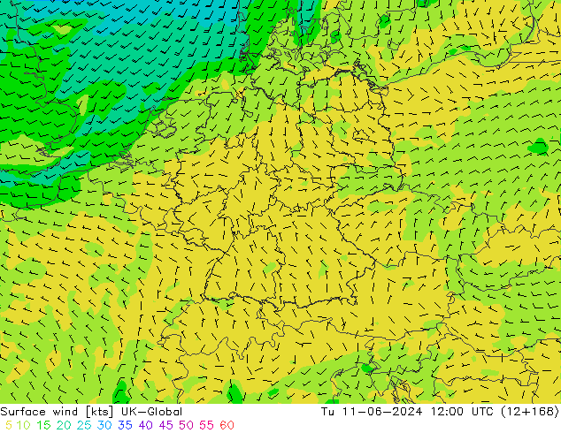 Viento 10 m UK-Global mar 11.06.2024 12 UTC