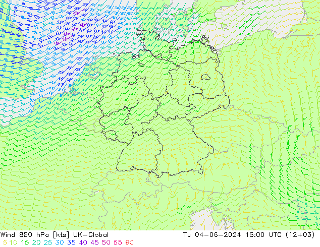 Wind 850 hPa UK-Global Tu 04.06.2024 15 UTC