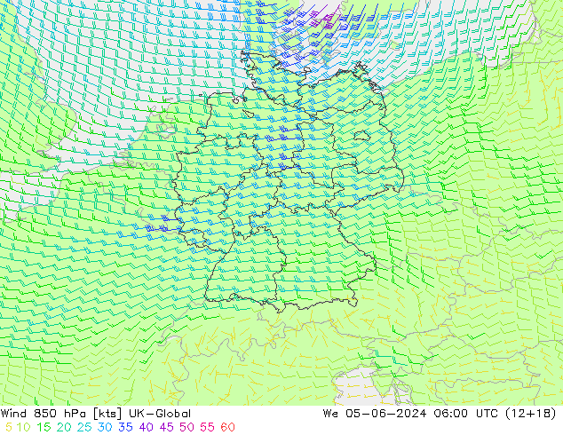 Wind 850 hPa UK-Global Mi 05.06.2024 06 UTC