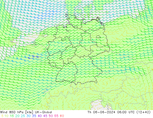 Viento 850 hPa UK-Global jue 06.06.2024 06 UTC