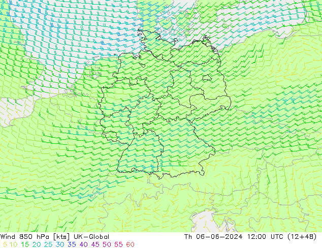 Vento 850 hPa UK-Global gio 06.06.2024 12 UTC