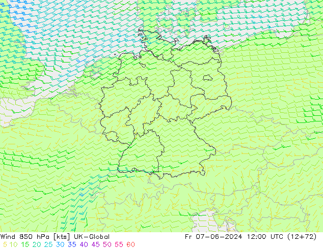 Wind 850 hPa UK-Global vr 07.06.2024 12 UTC