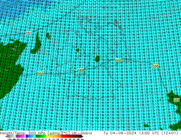 Height/Temp. 500 hPa UK-Global Di 04.06.2024 13 UTC