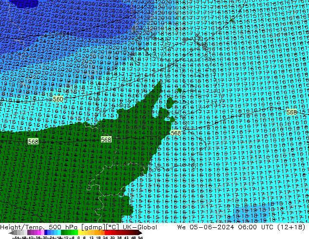 Height/Temp. 500 hPa UK-Global Mi 05.06.2024 06 UTC