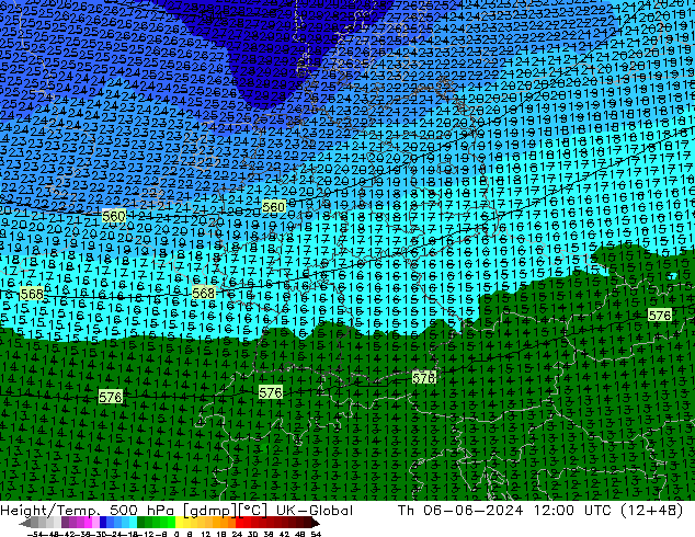 Height/Temp. 500 hPa UK-Global czw. 06.06.2024 12 UTC