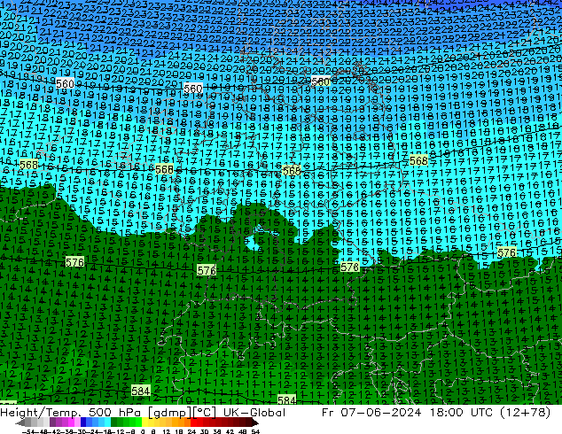 Height/Temp. 500 hPa UK-Global Fr 07.06.2024 18 UTC