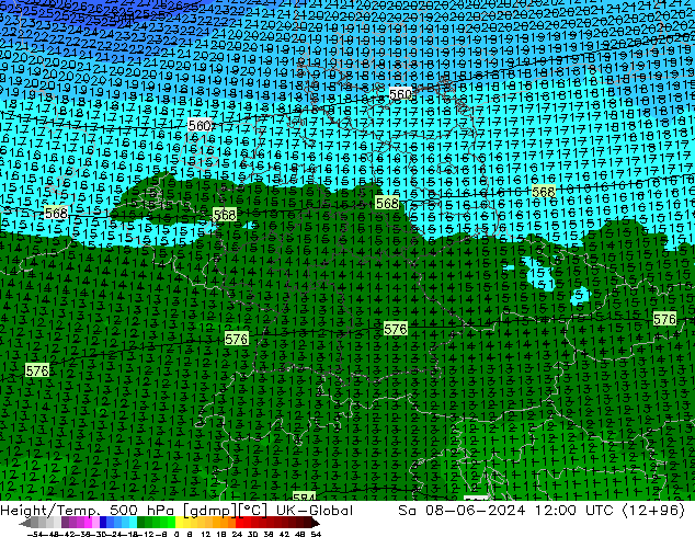 Hoogte/Temp. 500 hPa UK-Global za 08.06.2024 12 UTC