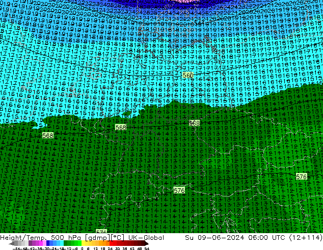 Géop./Temp. 500 hPa UK-Global dim 09.06.2024 06 UTC