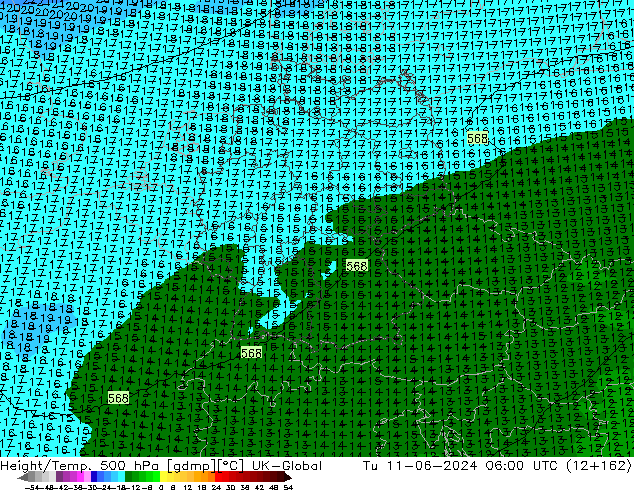 Height/Temp. 500 hPa UK-Global Út 11.06.2024 06 UTC