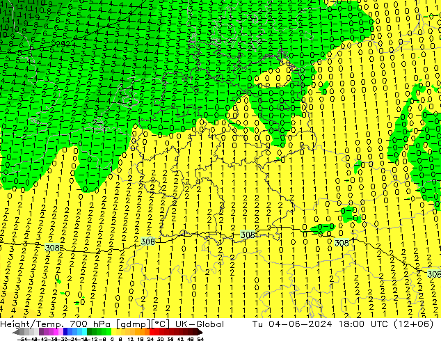 Height/Temp. 700 hPa UK-Global Út 04.06.2024 18 UTC