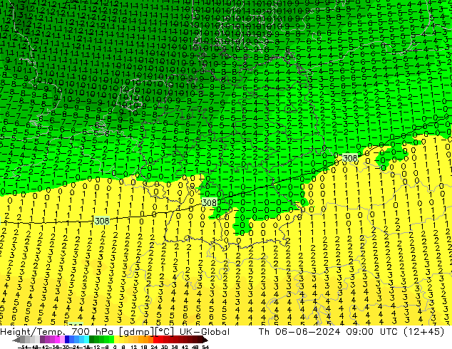 Height/Temp. 700 hPa UK-Global Čt 06.06.2024 09 UTC